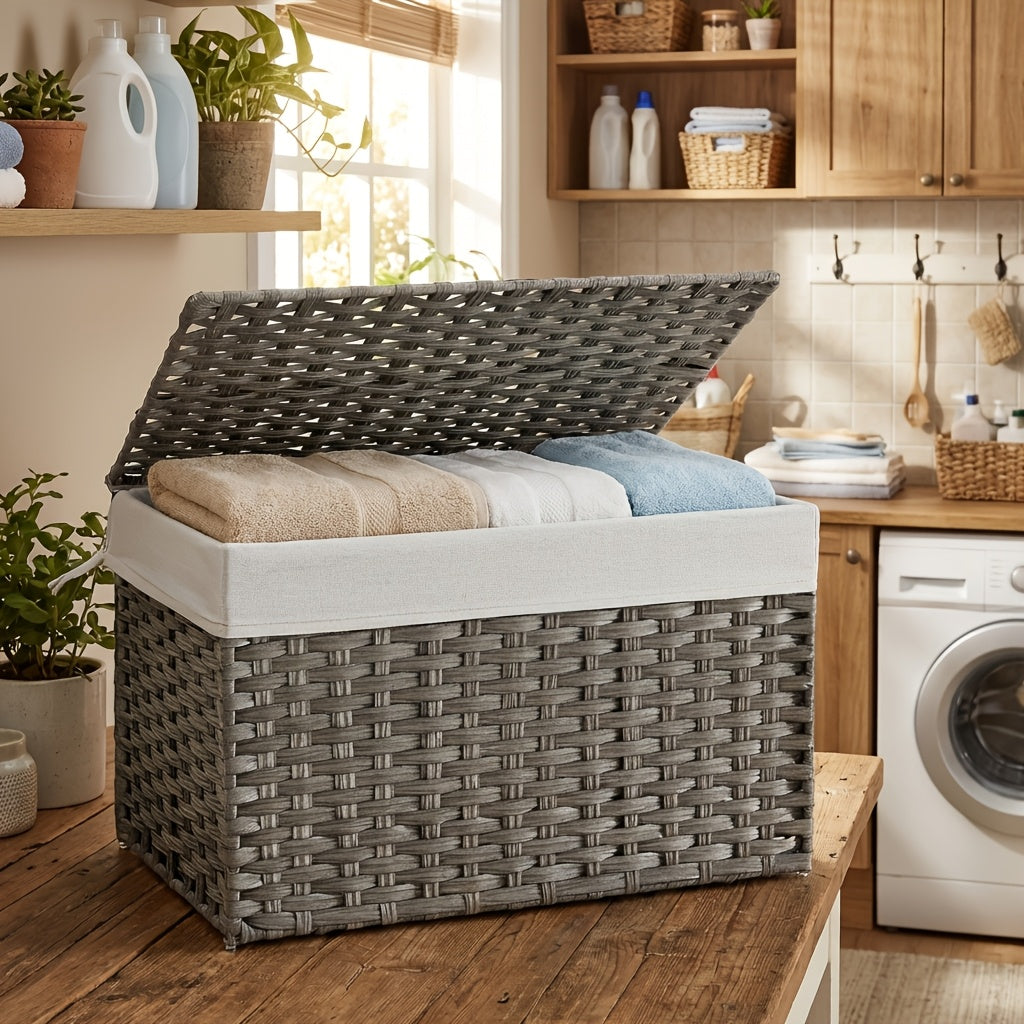 27.74gal Storage Basket with Lid, Blanket Storage Bin with Handles, Foldable, Removable Liner, Metal Frame, for Bedroom, Laundry Room, Laundry Baskets