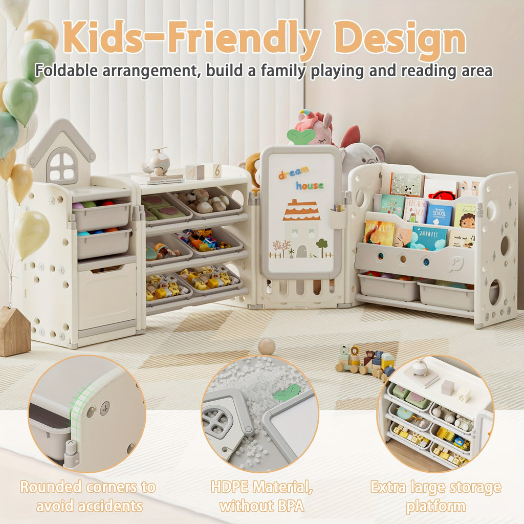A Versatile Storage Solution for Featuring 10 Detachable Bins And a 3-Tier Bookshelf, Serving As a Multifunctional Organizer with a Drawing Board, Perfect for a Bedroom, Playroom, Or Living Area