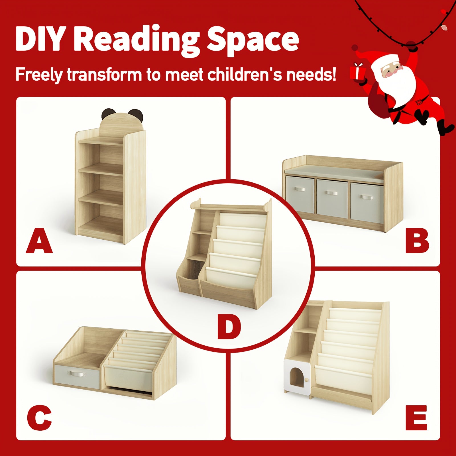 Children's Wooden Multi-Functional Bookshelf, 4-Tier Deer-Shaped Display Bookcase, 4-Layer Hanging Storage Rack, Book & Toy Organizer, Suitable for Kids' Rooms, Playrooms, Kindergartens & Daycares