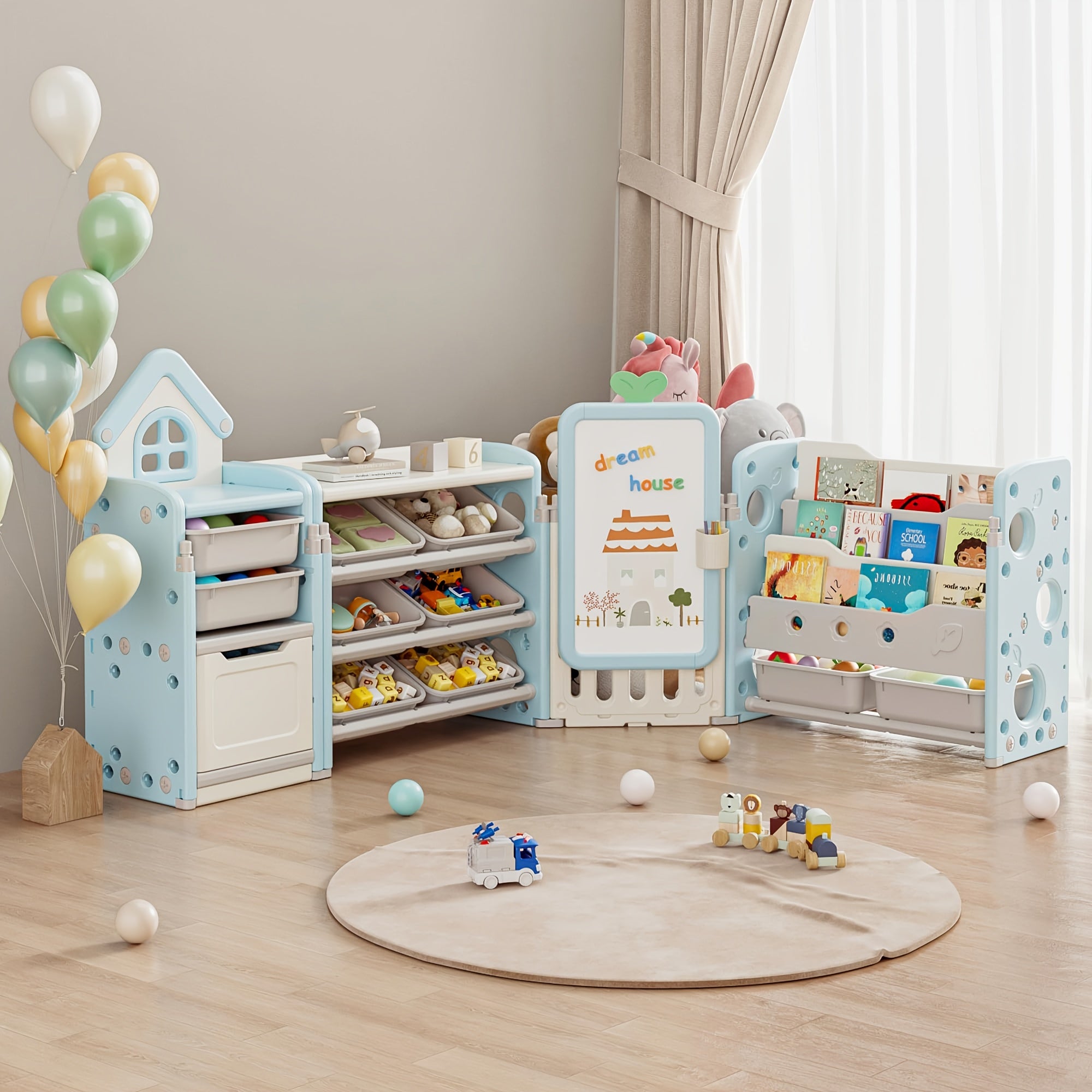 A Versatile Storage Solution for Featuring 10 Detachable Bins And a 3-Tier Bookshelf, Serving As a Multifunctional Organizer with a Drawing Board, Perfect for a Bedroom, Playroom, Or Living Area