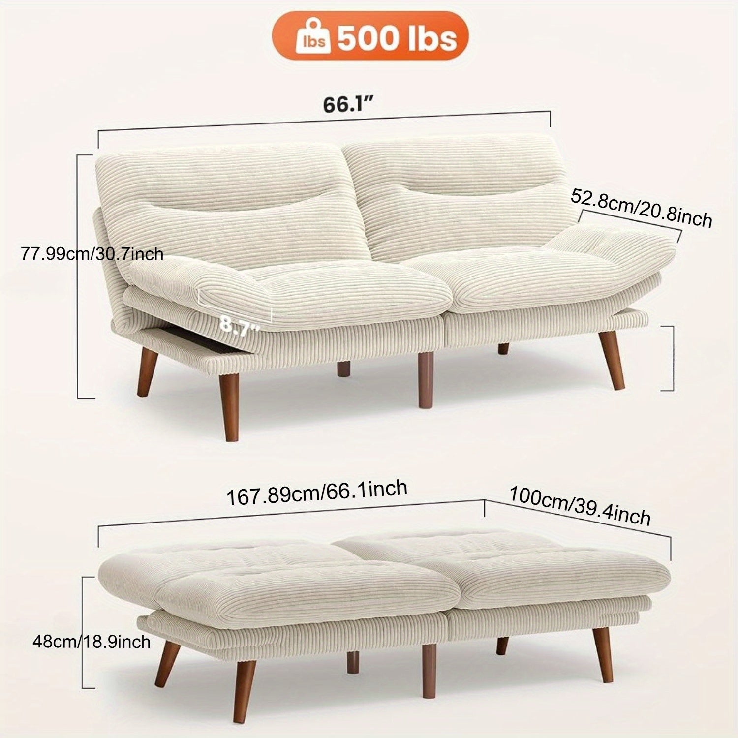 66-75Inch Futon Sofa Bed with Adjustable Backrest Armrests, Convertible Futon Sofa Couch for Small Spaces, Living Room Or Office, Corduroy Futons Sofas Bed Christmas Gift Decoration Sofa