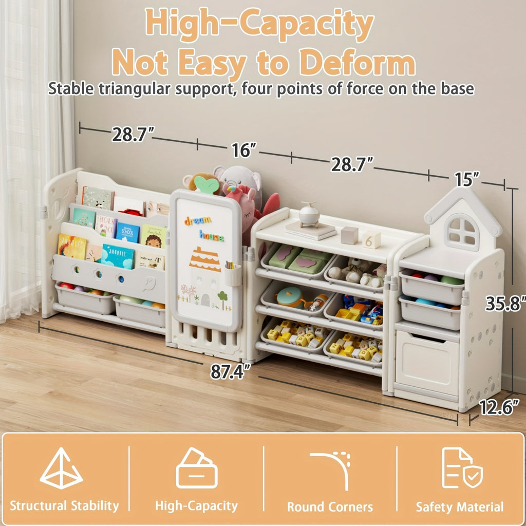 A Versatile Storage Solution for Featuring 10 Detachable Bins And a 3-Tier Bookshelf, Serving As a Multifunctional Organizer with a Drawing Board, Perfect for a Bedroom, Playroom, Or Living Area