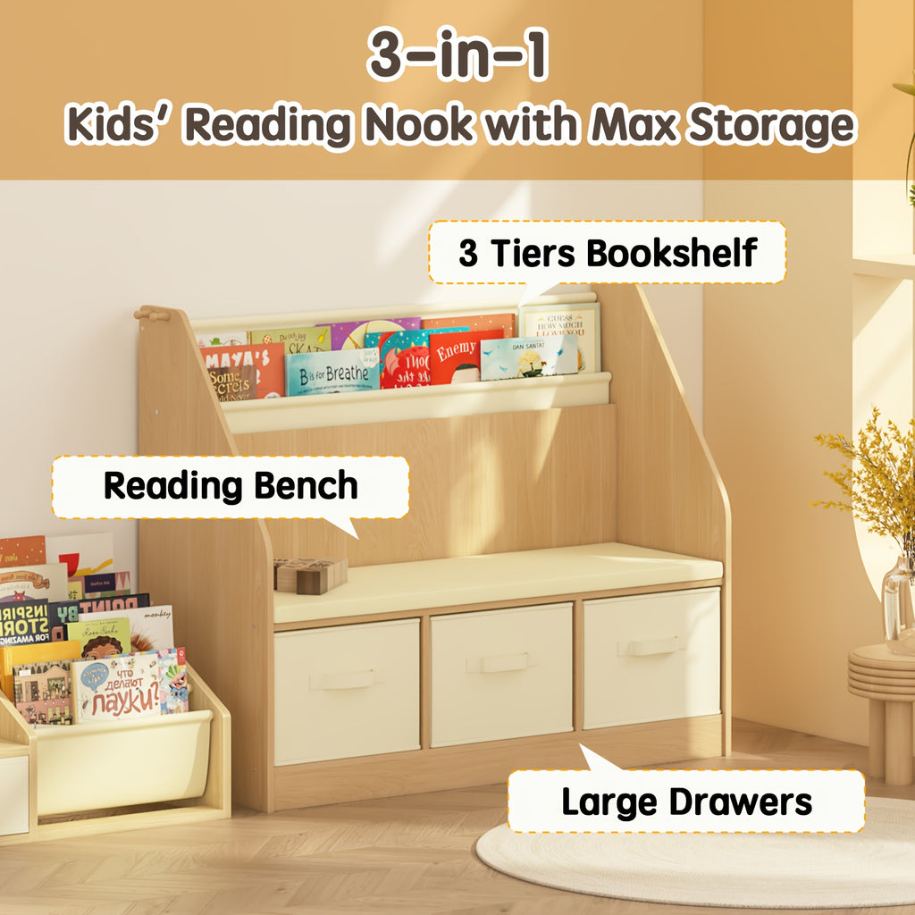 Reading Corner Featuring Storage - a Three-Level Bookshelf, a Bench with Drawers, And Hooks, Perfect As a Christmas Present for Ages 3 to 12