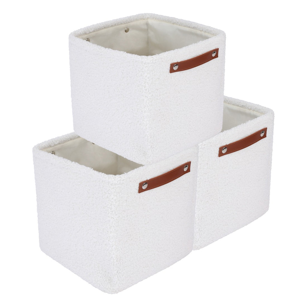 Set of 3 Collapsible Fabric Storage Baskets with Square Open-Top Bins & Leather Handles - Shelf Organizers Suitable for Home, Office,, Pantry - Space-Saving Bins, Rope, Shelf Baskets