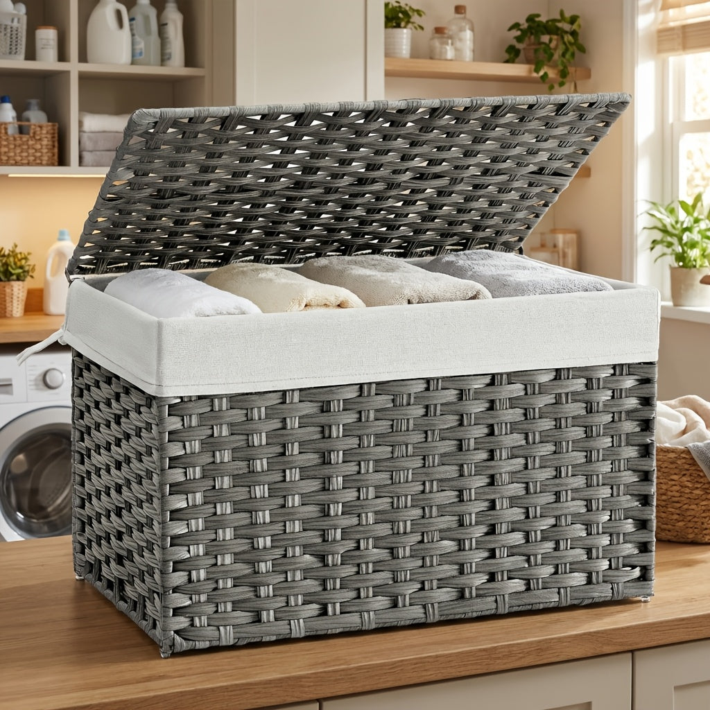 27.74gal Storage Basket with Lid, Blanket Storage Bin with Handles, Foldable, Removable Liner, Metal Frame, for Bedroom, Laundry Room, Laundry Baskets
