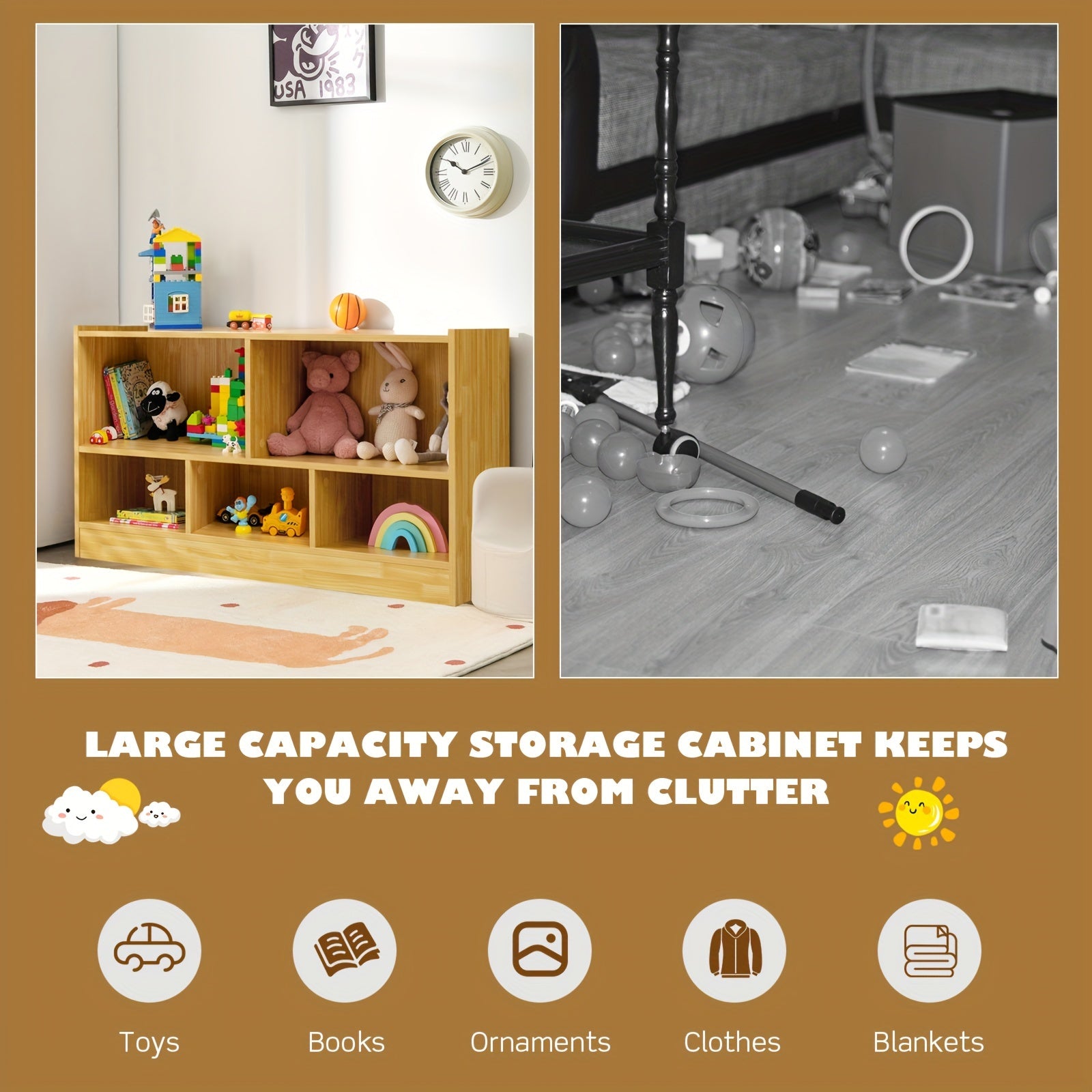 Beige Wooden Storage Cabinet with 2 Shelves And 5 Cubes., Storage Box