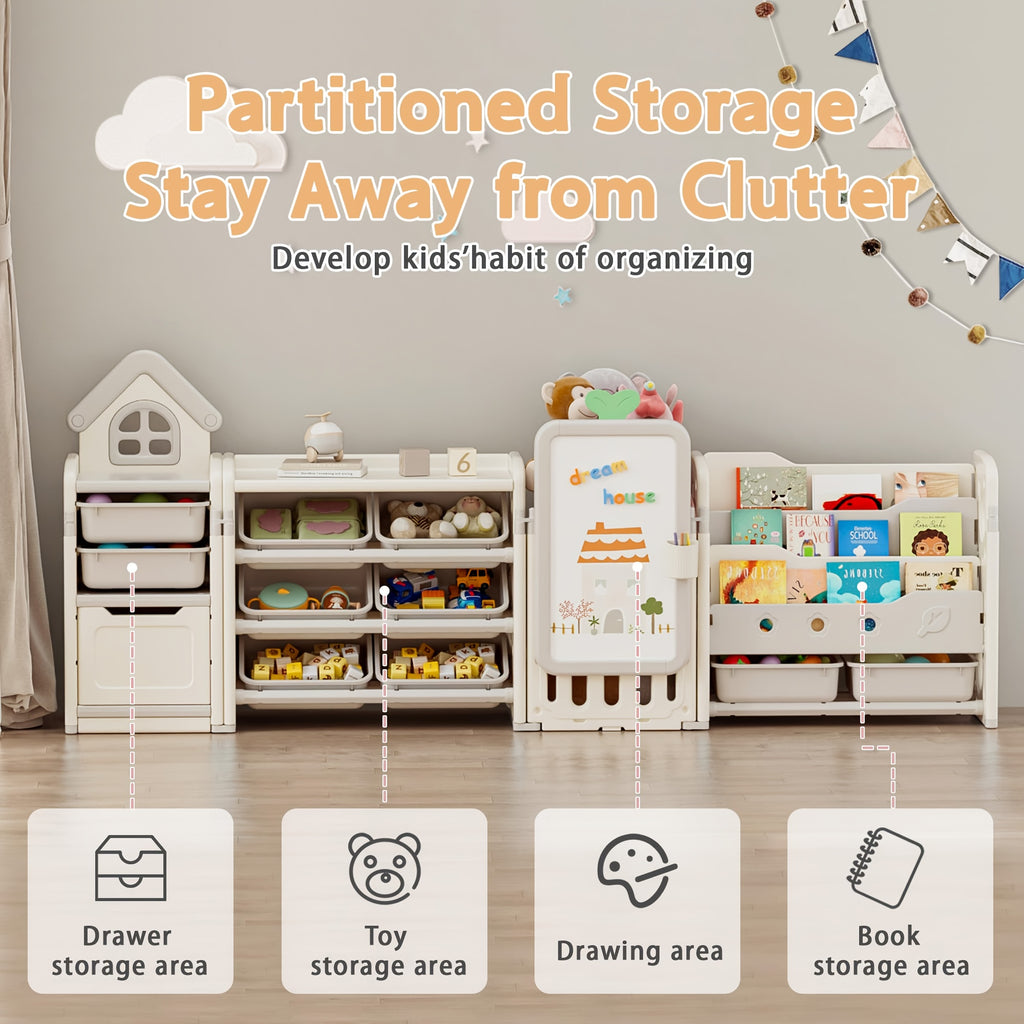 A Versatile Storage Solution for Featuring 10 Detachable Bins And a 3-Tier Bookshelf, Serving As a Multifunctional Organizer with a Drawing Board, Perfect for a Bedroom, Playroom, Or Living Area