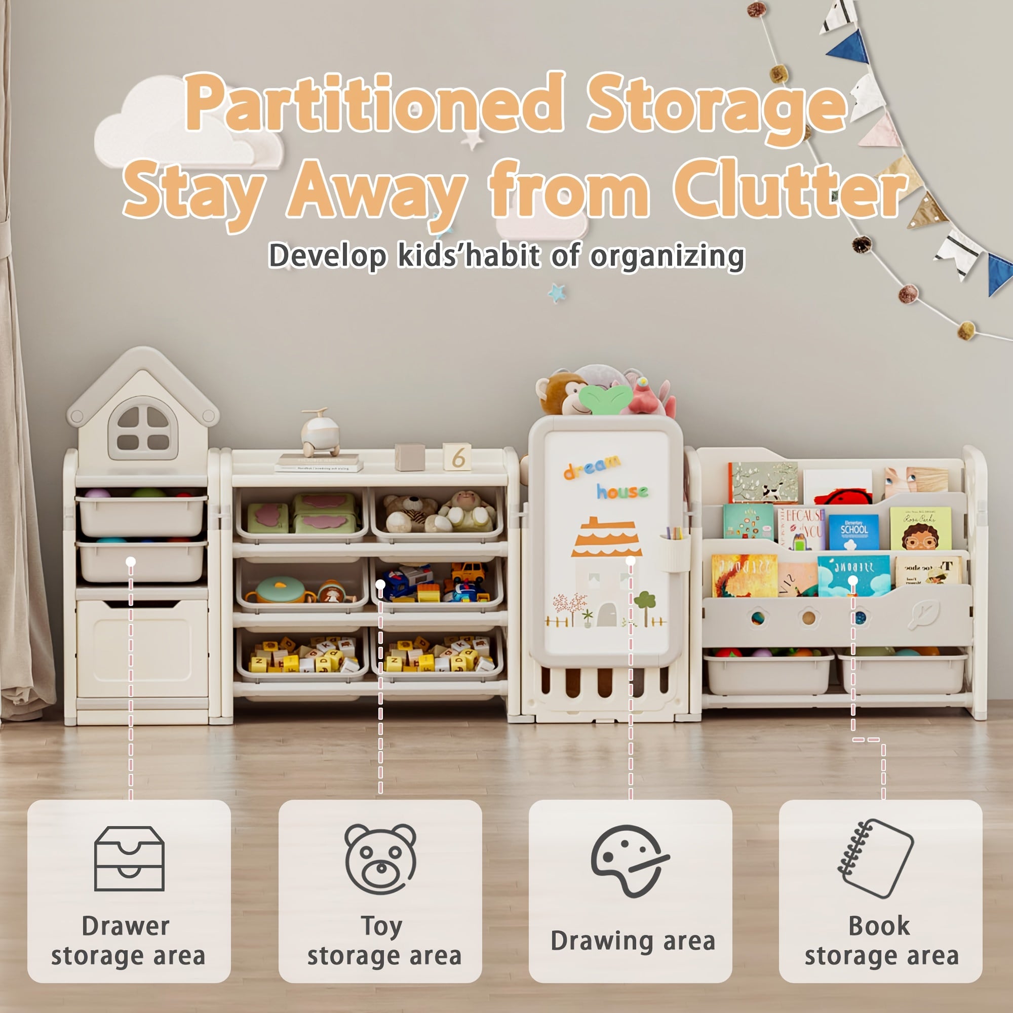 A Versatile Storage Solution for Featuring 10 Detachable Bins And a 3-Tier Bookshelf, Serving As a Multifunctional Organizer with a Drawing Board, Perfect for a Bedroom, Playroom, Or Living Area