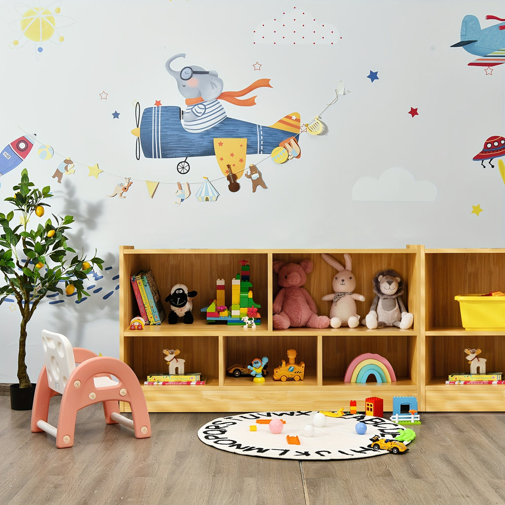 Beige Wooden Storage Cabinet with 2 Shelves And 5 Cubes., Storage Box