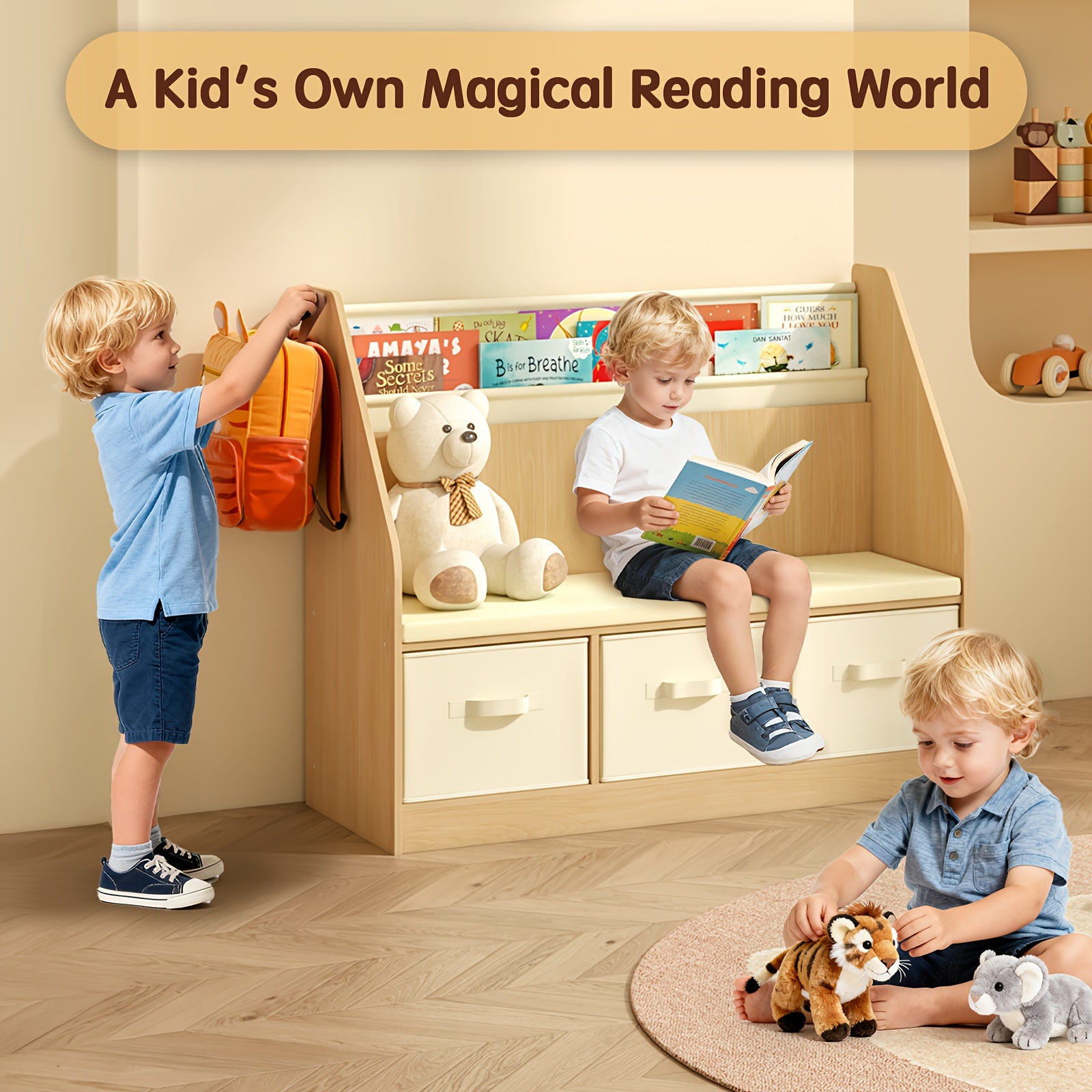 Reading Corner Featuring Storage - a Three-Level Bookshelf, a Bench with Drawers, And Hooks, Perfect As a Christmas Present for Ages 3 to 12
