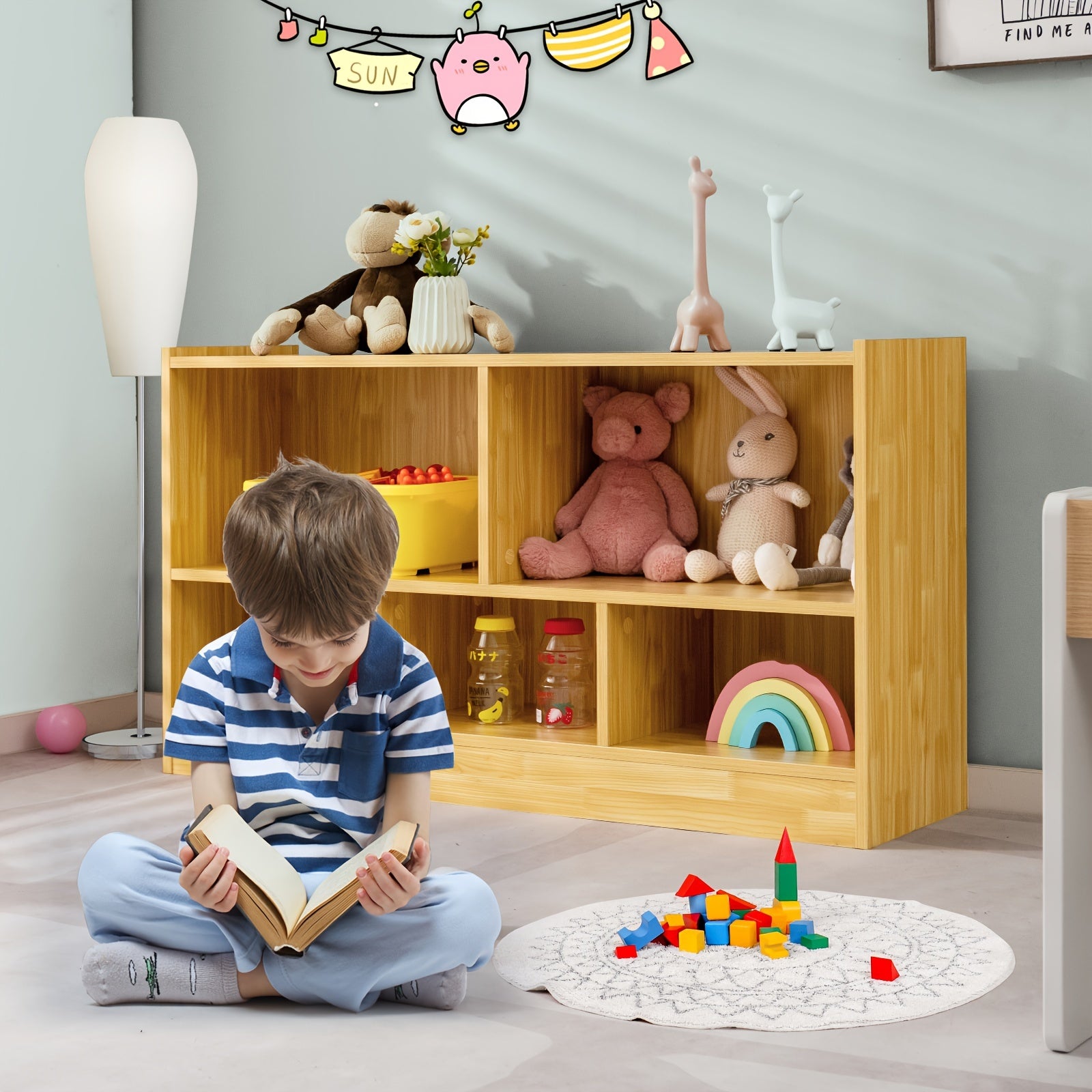 Beige Wooden Storage Cabinet with 2 Shelves And 5 Cubes., Storage Box