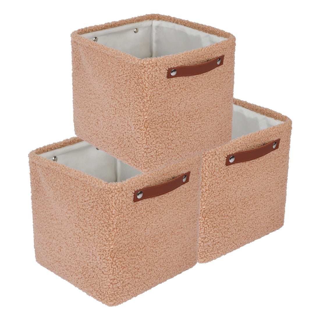 Set of 3 Collapsible Fabric Storage Baskets with Square Open-Top Bins & Leather Handles - Shelf Organizers Suitable for Home, Office,, Pantry - Space-Saving Bins, Rope, Shelf Baskets