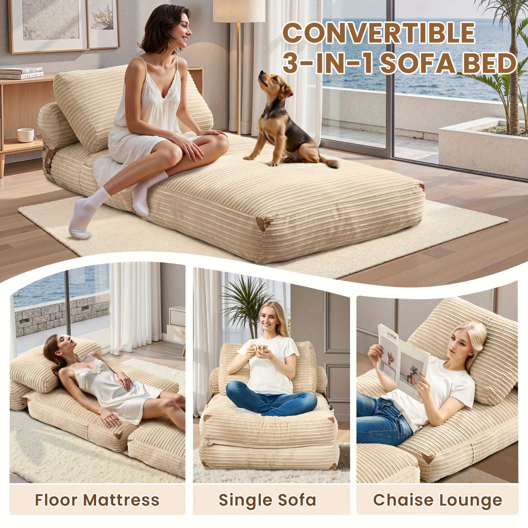 36-Inch Single Folding Sofa Bed, Corduroy Convertible Chair Bed, Single Size Sleeper Couch with Pillow, Space-Saving Floor Mattress for Living Rooms, Bedrooms, And Dorms - Versatile Seating for Minimalist Interior Design And Upholstery