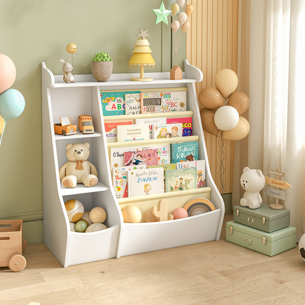 Children's Wooden Multi-Functional Bookshelf, 4-Tier Deer-Shaped Display Bookcase, 4-Layer Hanging Storage Rack, Book & Toy Organizer, Suitable for Kids' Rooms, Playrooms, Kindergartens & Daycares