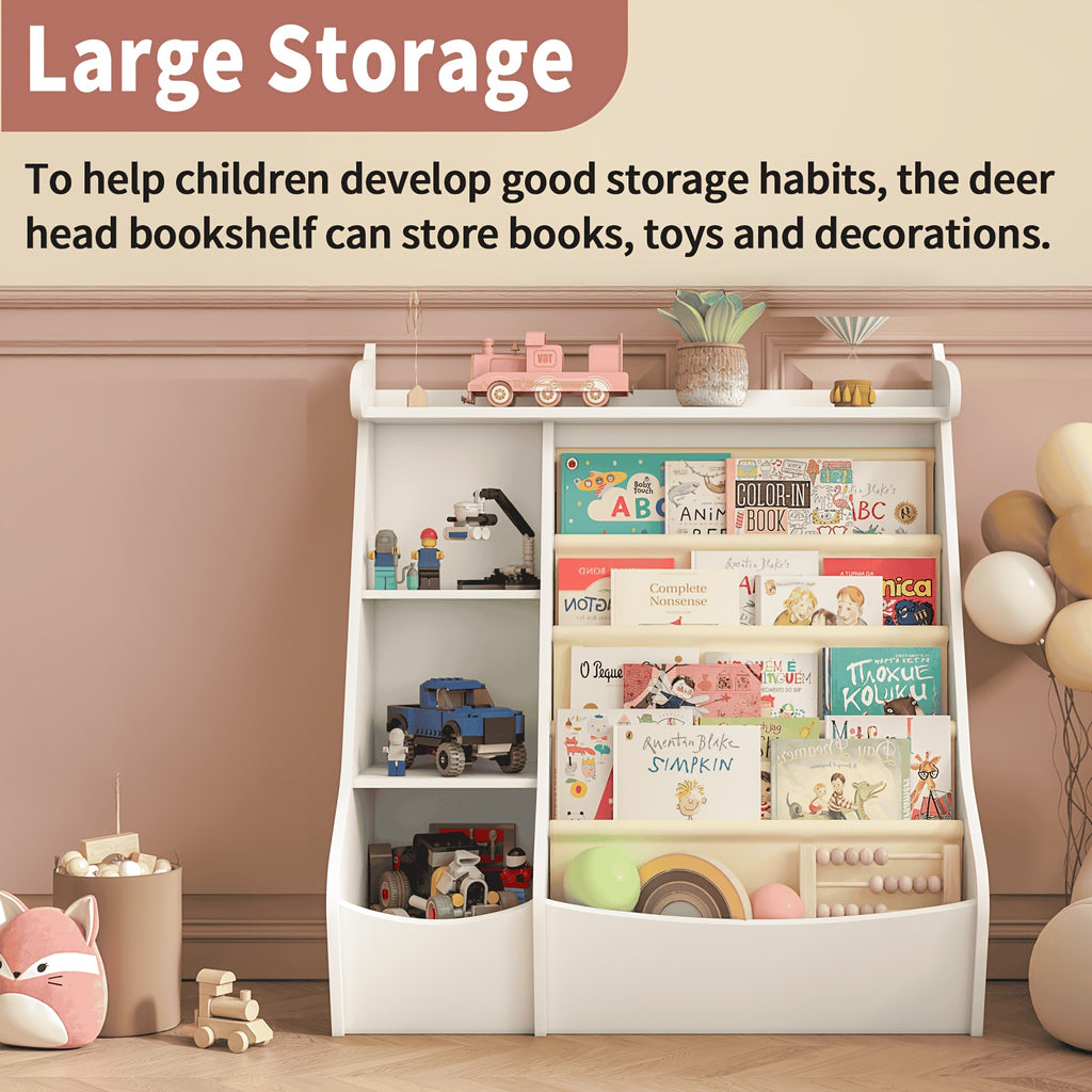 Children's Wooden Multi-Functional Bookshelf, 4-Tier Deer-Shaped Display Bookcase, 4-Layer Hanging Storage Rack, Book & Toy Organizer, Suitable for Kids' Rooms, Playrooms, Kindergartens & Daycares