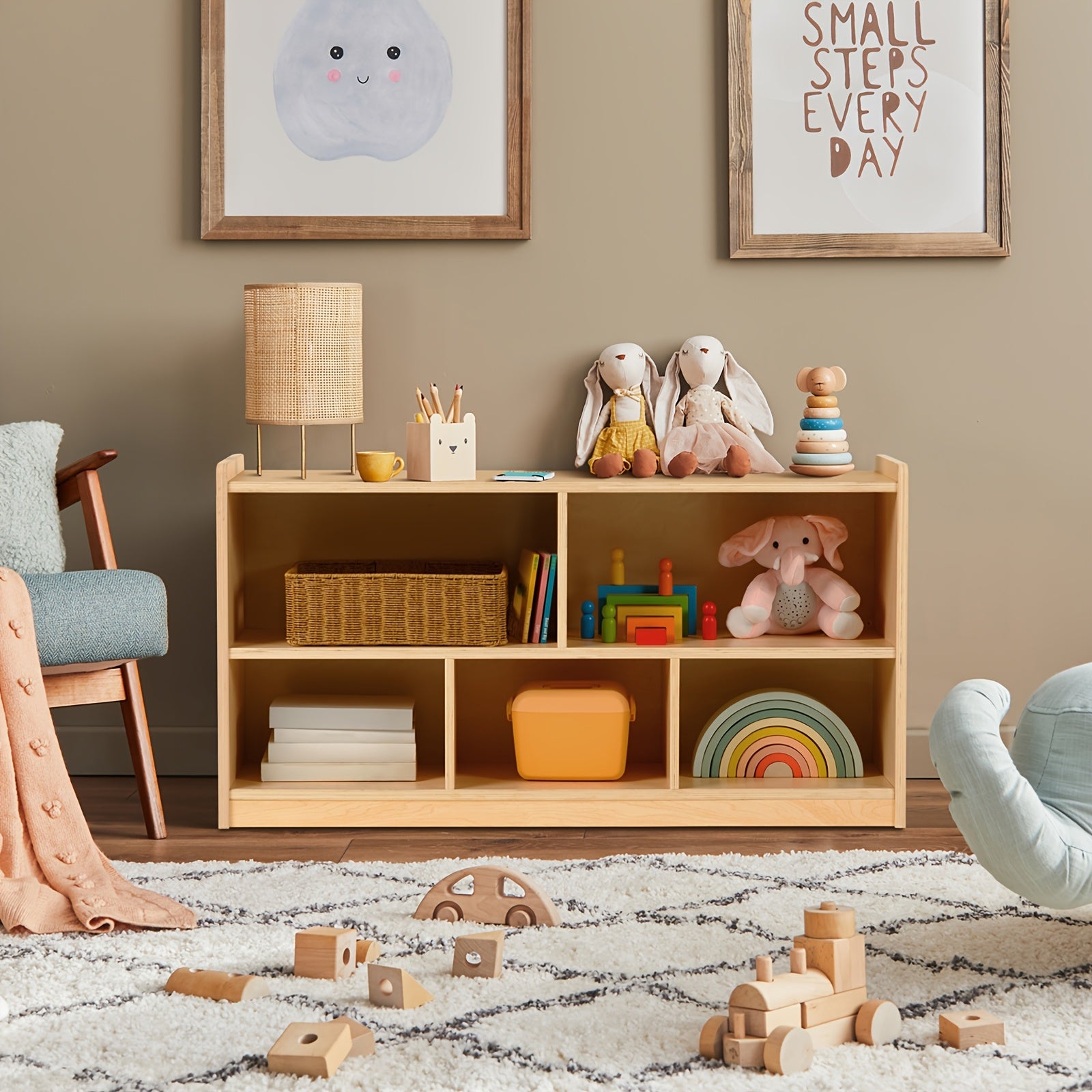 Large Wood Toy Storage Organizer, 2-Shelf Wood Bookshelf, 5-Section Kids Bookshelf, Wooden Storage Cabinet for Classroom, Kids Bookcases And Toddler Toy Shelf for Kids Room, Playroom, Nursery