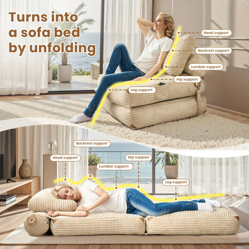 36-Inch Single Folding Sofa Bed, Corduroy Convertible Chair Bed, Single Size Sleeper Couch with Pillow, Space-Saving Floor Mattress for Living Rooms, Bedrooms, And Dorms - Versatile Seating for Minimalist Interior Design And Upholstery