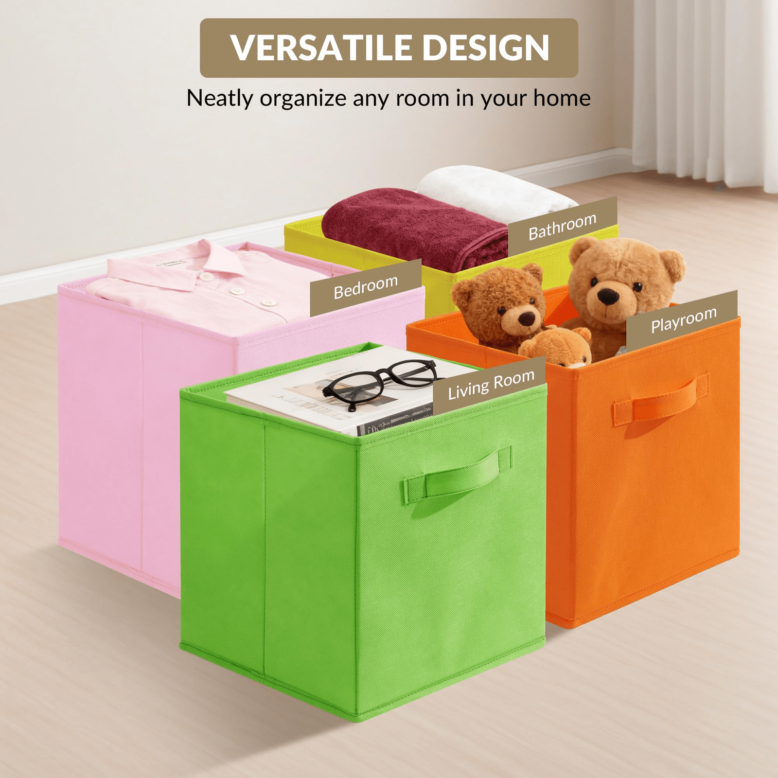 FinerFurnis Collapsible Fabric Storage Bins - 12 Pack Cube Organizer Baskets - Sturdy Non-Woven, Collapsible Design, with Handles - Home, Closet, Nursery, Office Use - Macaron 6 Colors, 10.24x10.24x11.02inch, Shelf Baskets