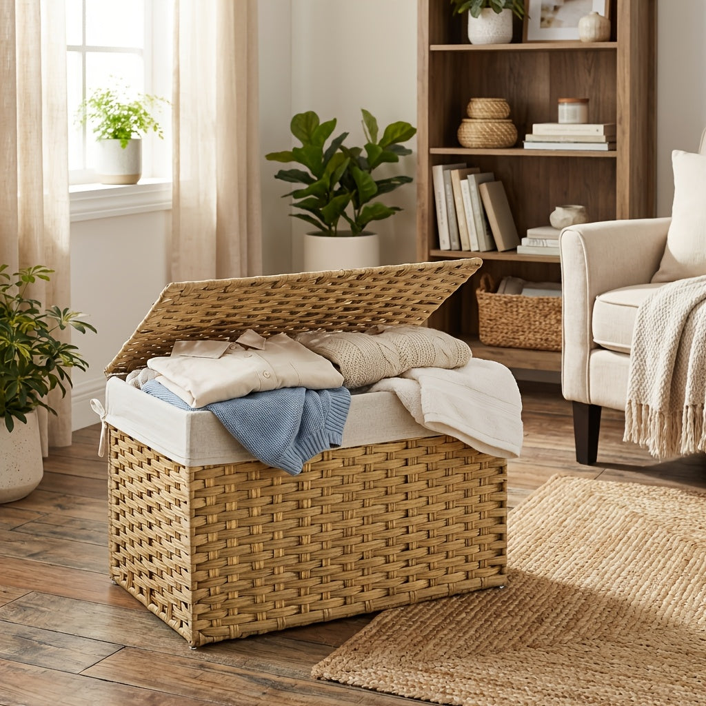 27.74gal Storage Basket with Lid, Blanket Storage Bin with Handles, Foldable, Removable Liner, Metal Frame, for Bedroom, Laundry Room, Laundry Baskets