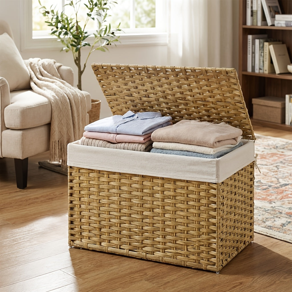 27.74gal Storage Basket with Lid, Blanket Storage Bin with Handles, Foldable, Removable Liner, Metal Frame, for Bedroom, Laundry Room, Laundry Baskets