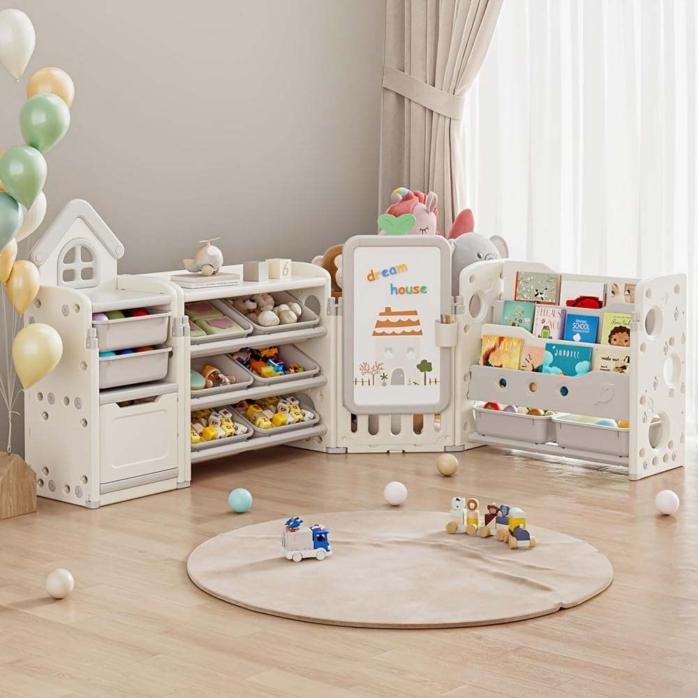 A Versatile Storage Solution for Featuring 10 Detachable Bins And a 3-Tier Bookshelf, Serving As a Multifunctional Organizer with a Drawing Board, Perfect for a Bedroom, Playroom, Or Living Area
