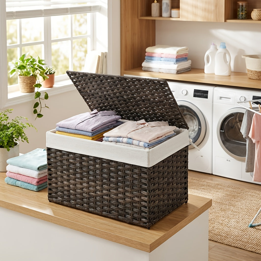 27.74gal Storage Basket with Lid, Blanket Storage Bin with Handles, Foldable, Removable Liner, Metal Frame, for Bedroom, Laundry Room, Laundry Baskets