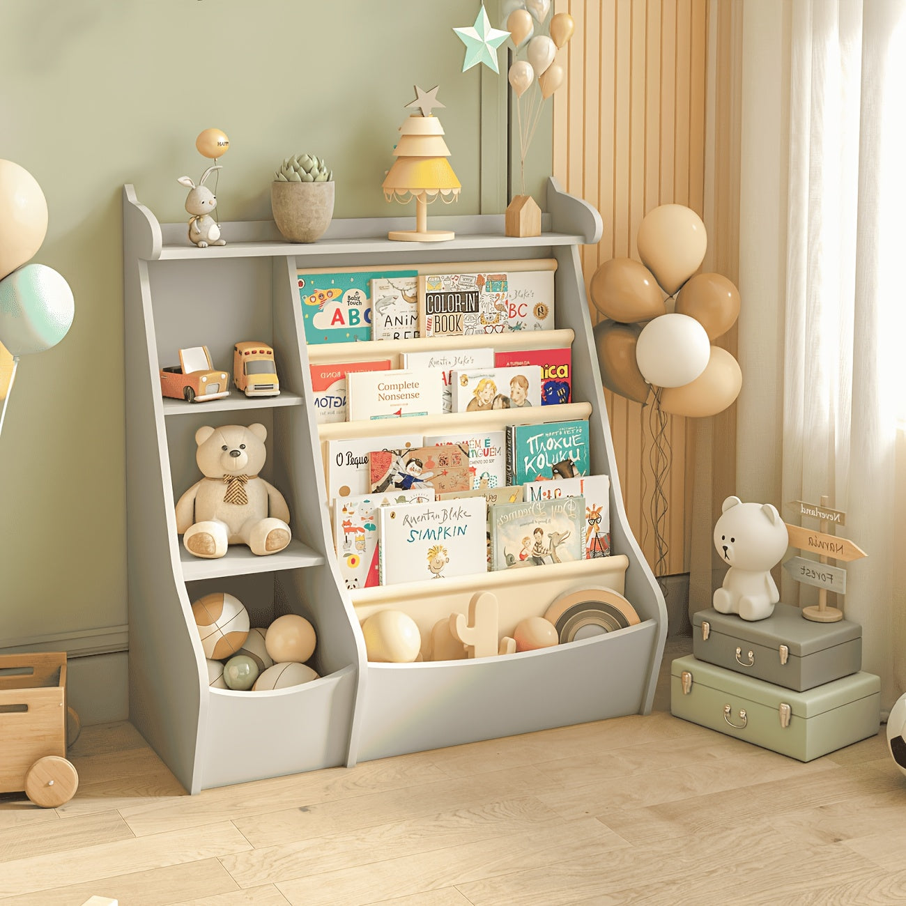 Children's Wooden Multi-Functional Bookshelf, 4-Tier Deer-Shaped Display Bookcase, 4-Layer Hanging Storage Rack, Book & Toy Organizer, Suitable for Kids' Rooms, Playrooms, Kindergartens & Daycares