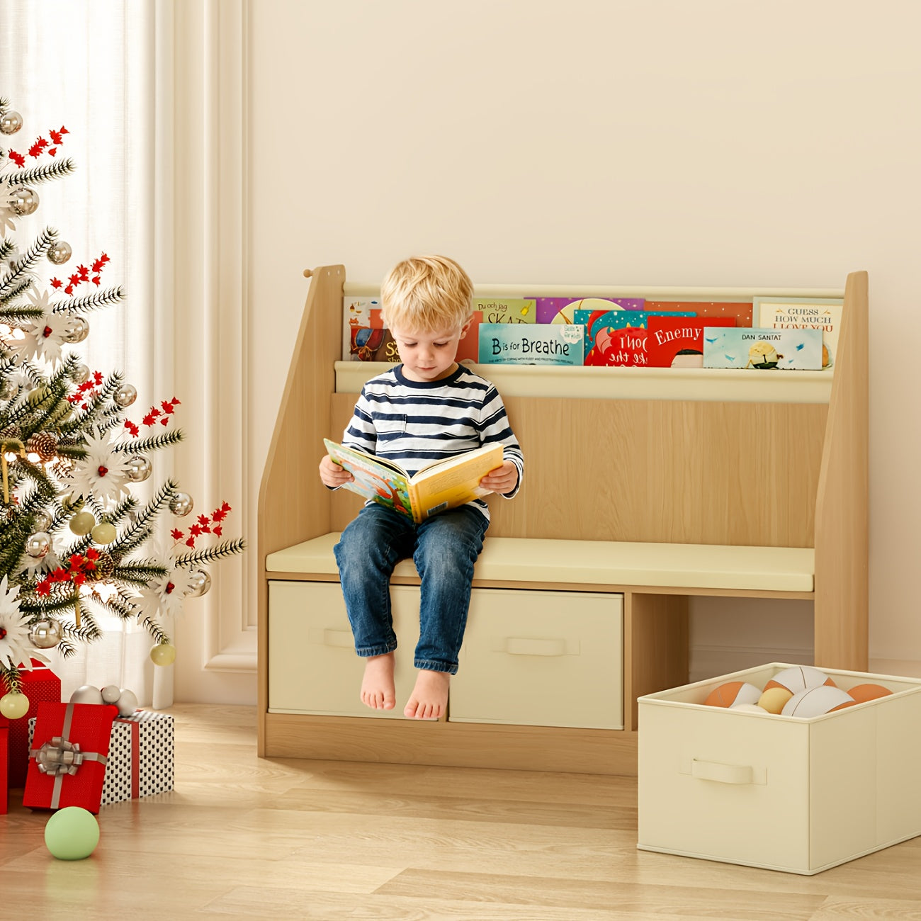 Reading Corner Featuring Storage - a Three-Level Bookshelf, a Bench with Drawers, And Hooks, Perfect As a Christmas Present for Ages 3 to 12