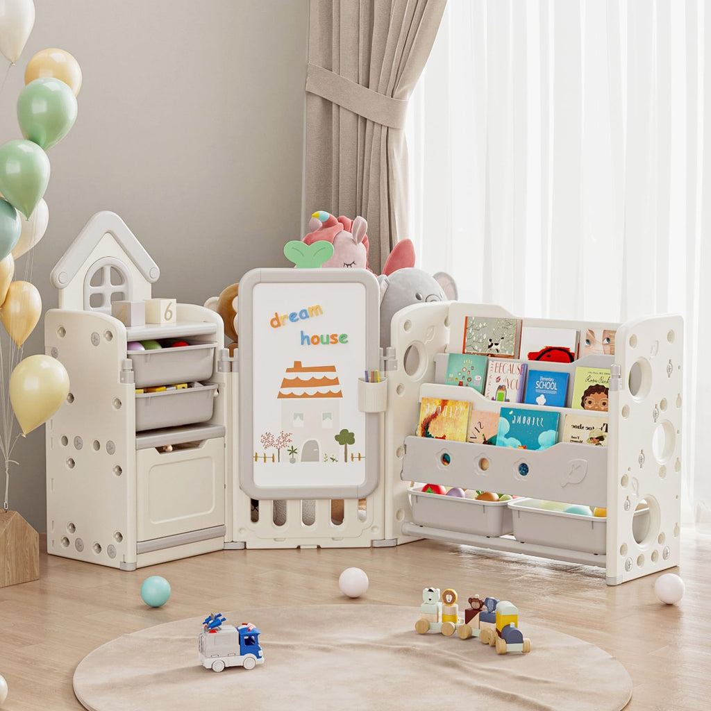 A Versatile Storage Solution for Featuring 10 Detachable Bins And a 3-Tier Bookshelf, Serving As a Multifunctional Organizer with a Drawing Board, Perfect for a Bedroom, Playroom, Or Living Area