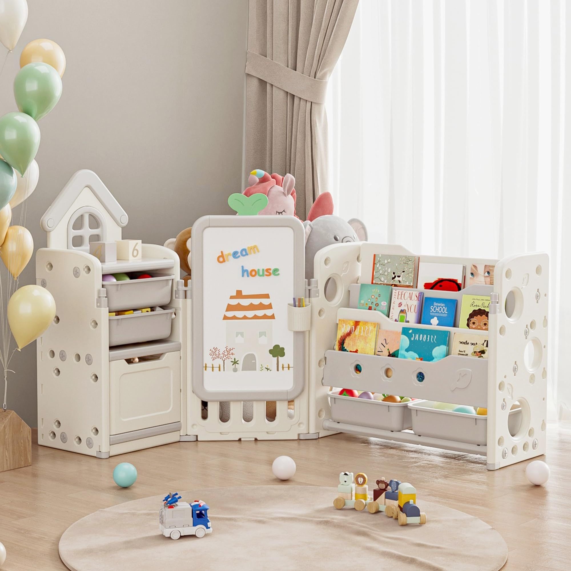 A Versatile Storage Solution for Featuring 10 Detachable Bins And a 3-Tier Bookshelf, Serving As a Multifunctional Organizer with a Drawing Board, Perfect for a Bedroom, Playroom, Or Living Area