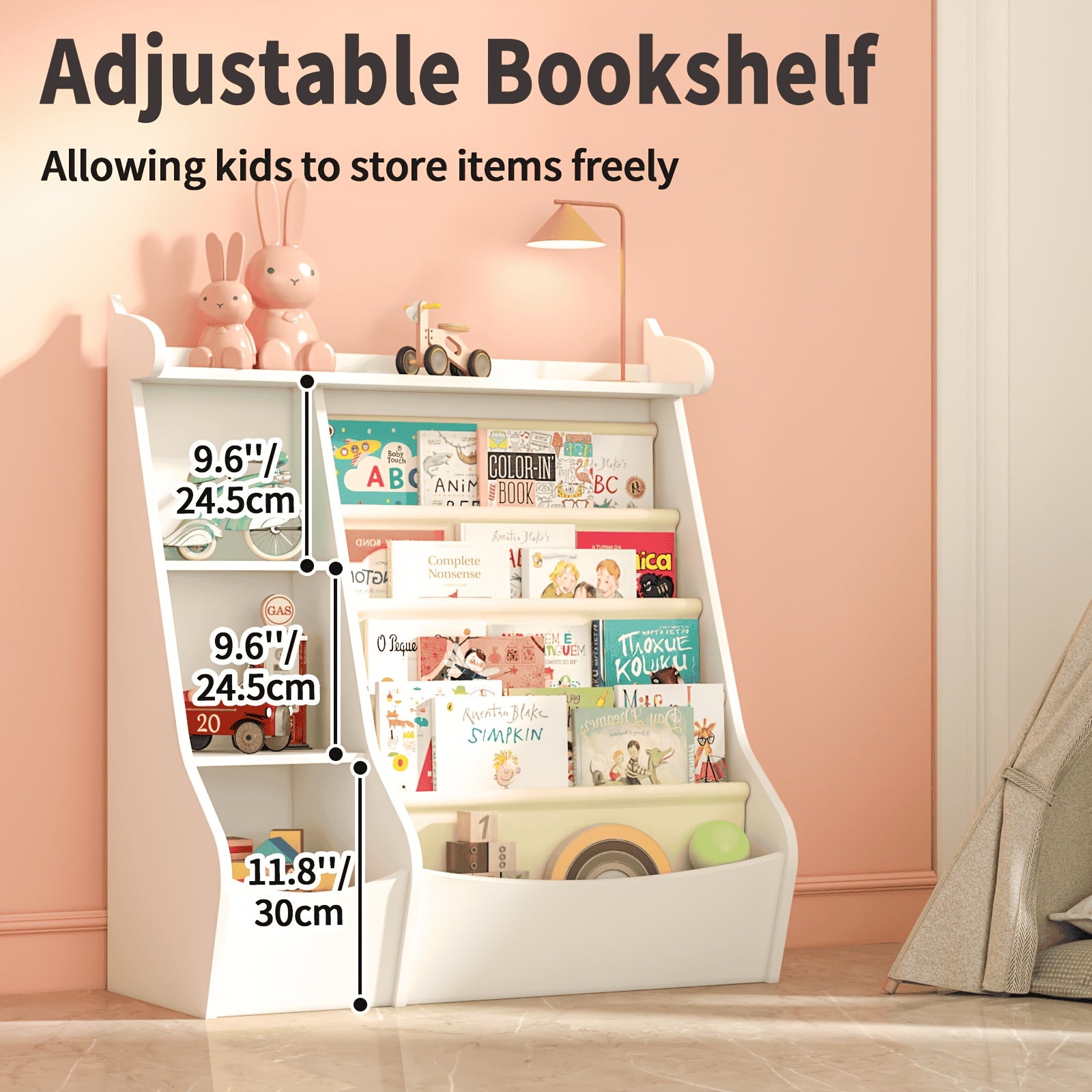 Children's Wooden Multi-Functional Bookshelf, 4-Tier Deer-Shaped Display Bookcase, 4-Layer Hanging Storage Rack, Book & Toy Organizer, Suitable for Kids' Rooms, Playrooms, Kindergartens & Daycares